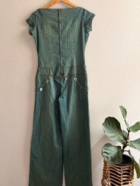Vtg Y2K Whats Hot Denim Jumpsuit Wide Leg Palazzo Chain Accent Distressed M